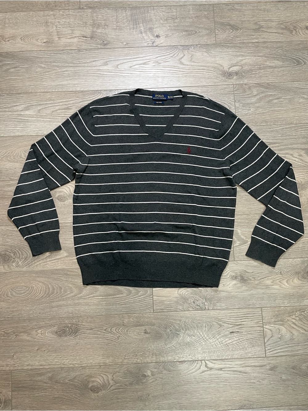 Polo Ralph Lauren Striped V-Neck Pima Cotton Sweater Gray White Men’s XL